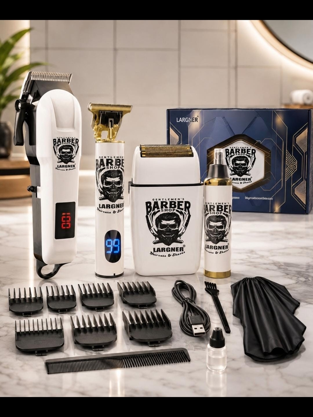 Largner White & Gold Professional Barber Kit - Electric Clippers & Trimmer Set